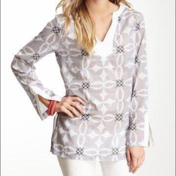 Michael Stars | Navy/White Voile Tile Flower Print V-Neck Pullover Tunic Small - Picture 9 of 9